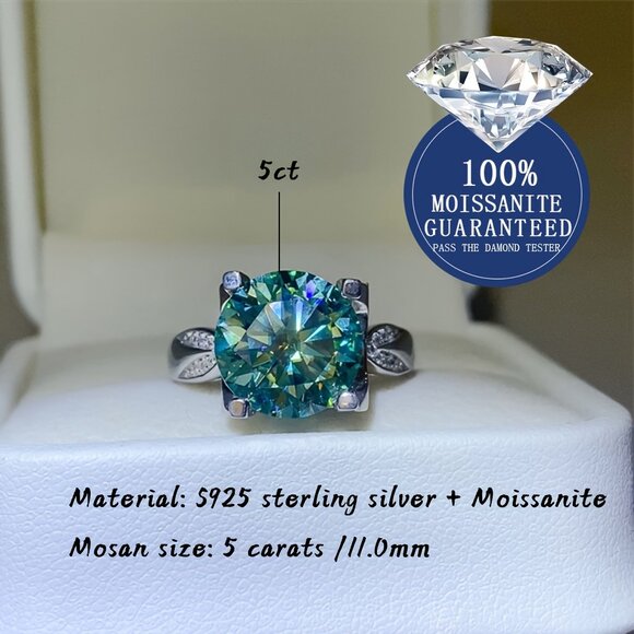 S925 Silver 5 carat green Moissamite ring, four claw ox head style - Picture 6 of 9